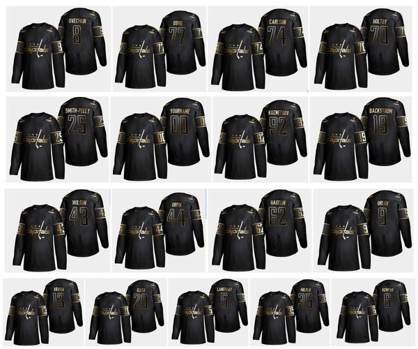 

golden edition washington capitals jersey 8 alexander ovechkin 19 backstrom 43 tom wilson 70 holtby 77 t. j. oshie jakub vrana black hockey, Black;red
