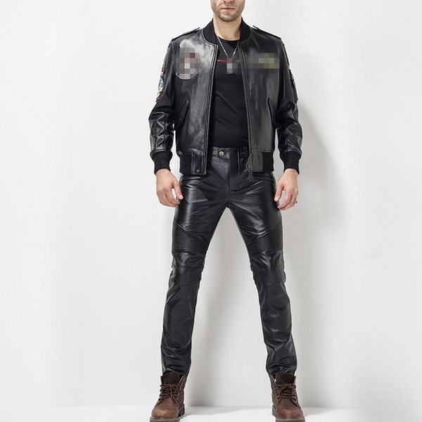 

windproof thicken winter new mens slim genuine leather cow male fashion 2020 zipper brand pants plus size 36, Black