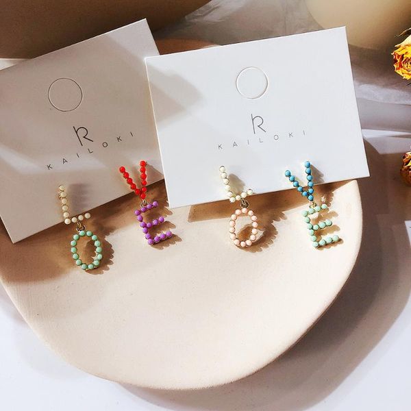 

korean pearl letter love asymmetric earrings color millet beads cute earrings, Golden;silver