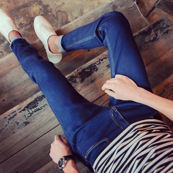 

spring elastic fitness men's jeans men's straight cylinder trousers leisure pants spring autumn winter small foot 2019, Blue