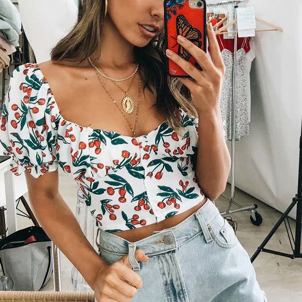 

female floral print crop women summer low-cup charming puff sleeve slim camisole haut femme 2019 new, White