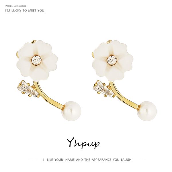 

yhpup exquisite natural shell flower stud earrings delicate shiny cubic zirconia pearls earrings jewelry engagement gift 2020, Golden;silver
