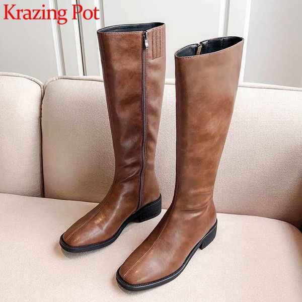 

krazing pot leisure simple style cow leather boots solid round toe med heels women winter keep warm zipper thigh high boots l76, Black