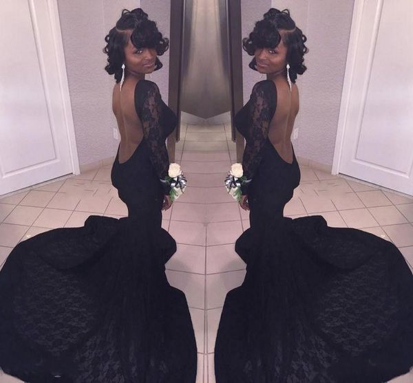 

New Fashion Sexy Black Mermaid Prom Dresses Long Sleeves Backless Lace Applique Court Train Formal Evening Party Gowns Custom Made