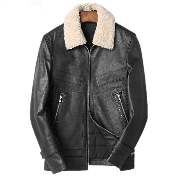 

genuine leather jacket winter jacket men real wool fur collar sheepskin coat for men 90% duck down jackets veste homme my1697, Black