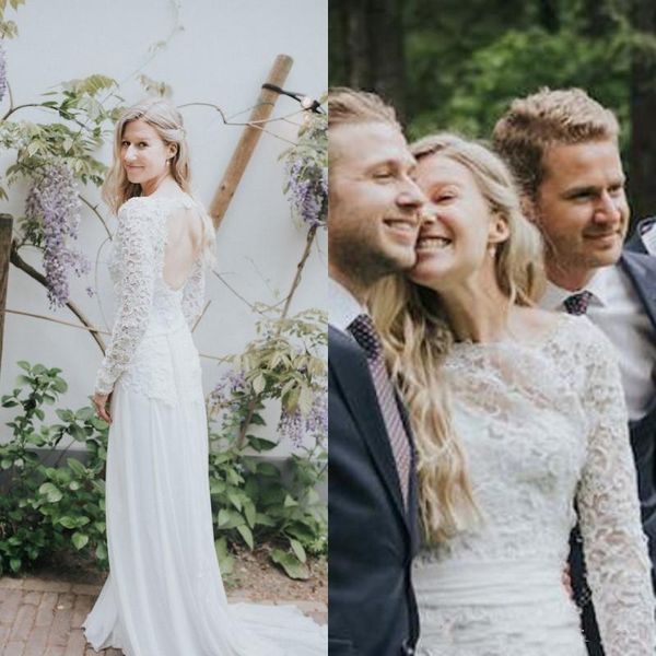 

Country Style Sexy Wedding Dress Sheer Bateau Neck Illusion Lace Long Sleeves Backless Chiffon Bridal Gowns with Sweep Train