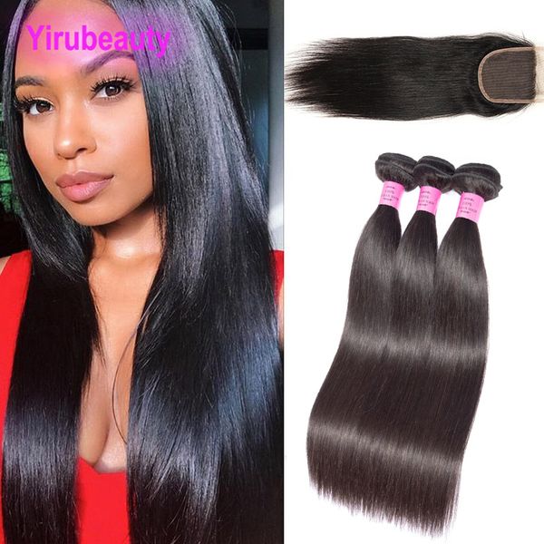

peruvian virgin hair three bundles with 4x4 lace closure straight natural color wholesale human hair wefts 4 pieces, Black;brown