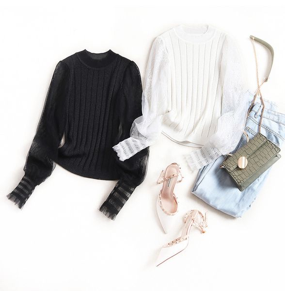 

fashion stitching knitted lace shirt 2020 spring women's half-high collar lantern sleeve shirt fashion elegant shirt women, White
