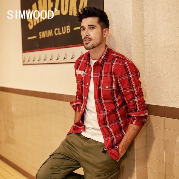 

simwood new 2019 autumn casual plaid shirts men letter embroidered shirt male brand clothing 190205, White;black