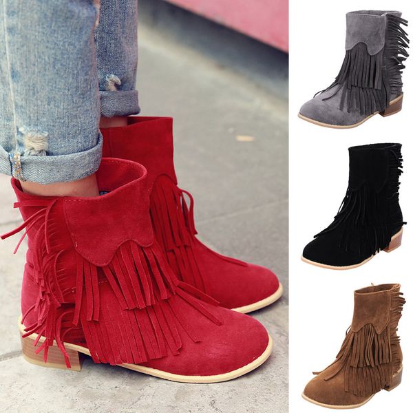 

classical tassel boots woman cow suede leather moccasin fringe boots square heel warm plush snow girls winter wedge shoes, Black