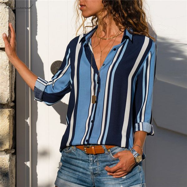 

women blouse office fashion striped ladies shirts long sleeve casual loose blouses turn down collar buttons, White