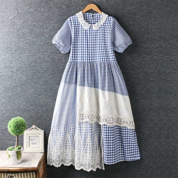

2020 new summer japanese hipster water soluble lace plaid dress short sleeve cotton dress women, Black;gray