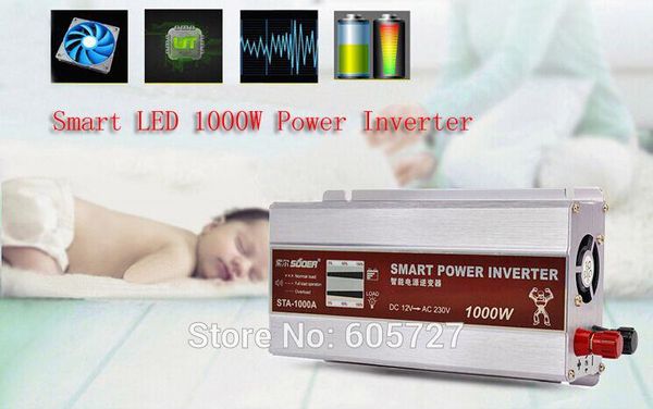 Freeshipping Inteligente Display LED 1000 W / 1KW Modificado Sine Wave Power Inverter Conversor Carregador de Carro DC 12 V para AC 220-230 V Conversor + USB 5 V / 1A