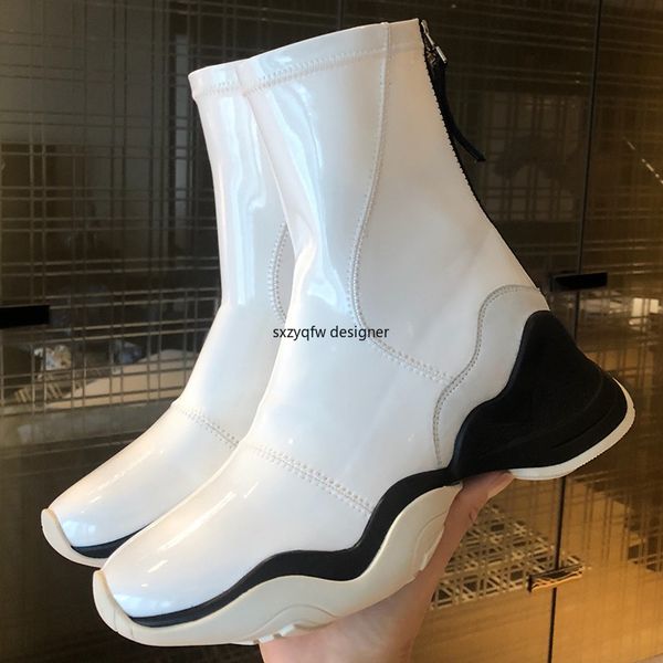 

patent leather height increasing chunky heel women boots luxury designer splice mid-calf women back zipper stretch fabric boots, Black