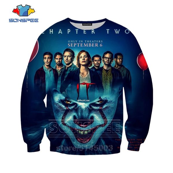 

sonspee men women pennywise hoodies 3d print it chapter two bill denbrough sweatshirt long sleeve o neck pullover c063-10, Black
