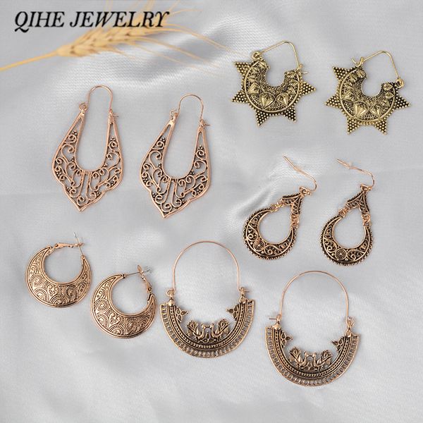 

qihe jewelry ancient silver gold color bohemian filigree earrings boho vintage ethnic hollow chandelier earrings for women