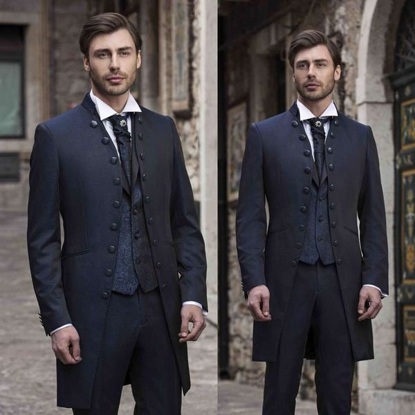 

dark navy men suits three pieces mens prom tuxedos long suits latest pants jacket pants design slim fit tailor blazer(jacket+pants+vest, Black;gray