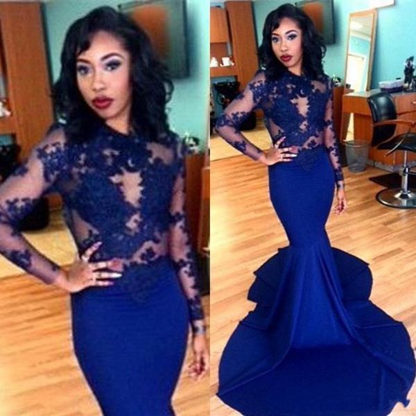 

2019 royal blue prom dresses mermaid see through lace appliques formal vestido de festa long sleeve evening gowns dubai party dresses, Black