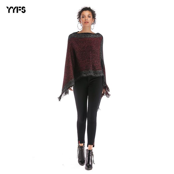 

women's wear spell colour one word collar tassels shawl bat sleeve knitting shirts loose coat female, Black;red