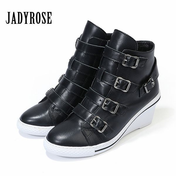 

jady rose black women ankle boots genuine leather buckles high heel wedge shoes woman female platform short booties women pumps