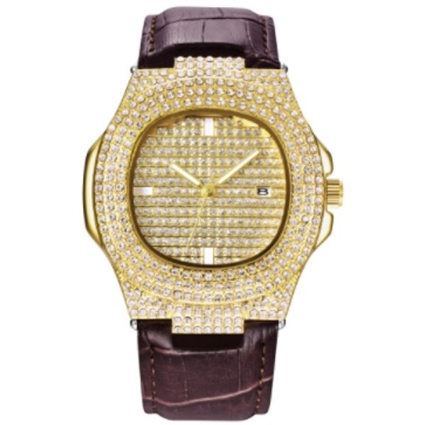 

xinew brand new luxury men's watch pu leather strap water diamond british movement watches leisure calendar sports watches wholesale, Slivery;brown