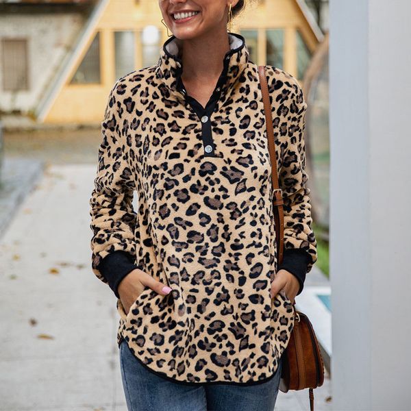 

leopard turtleneck sweater women teddy fleece fluffy button pullover sherpa short fleece female streetwear sweaters, White;black