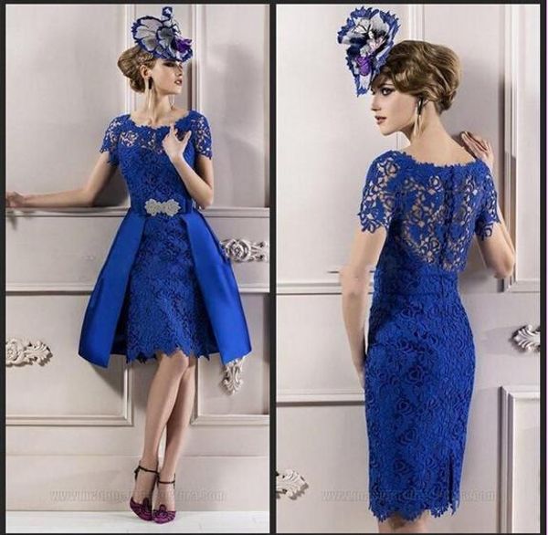 

royal blue lace short mother of the bride dresses elegant formal evening dresses knee length detachable train wedding guest party dress, Black;red