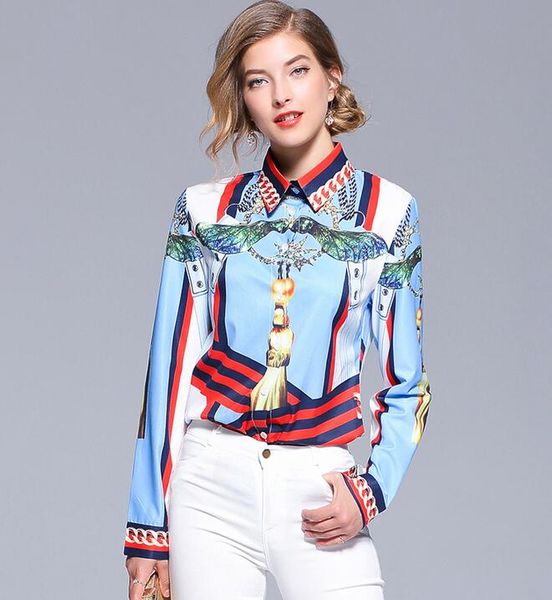 

new listing fashion printed long sleeve light blue women blouses with single breasted lapel neck ladies shirts fashion printed top, White