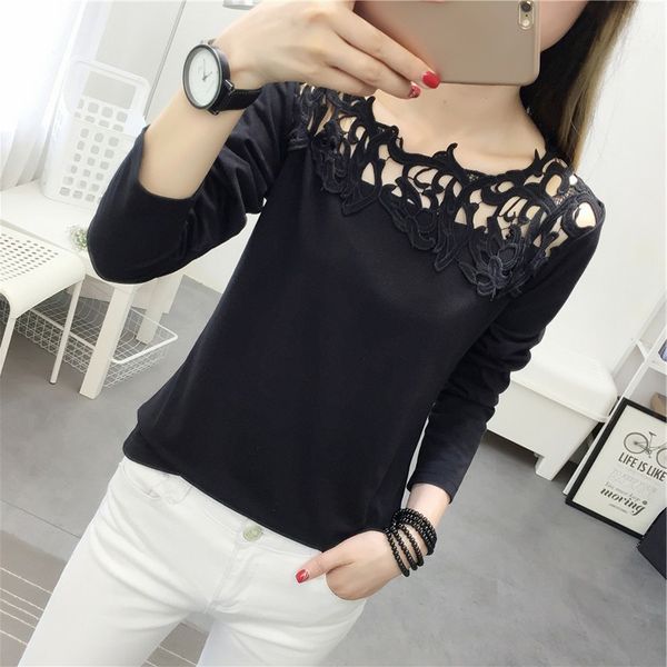 

2019 blouse women lace openwork panel shirt long sleeve casual blouses, White