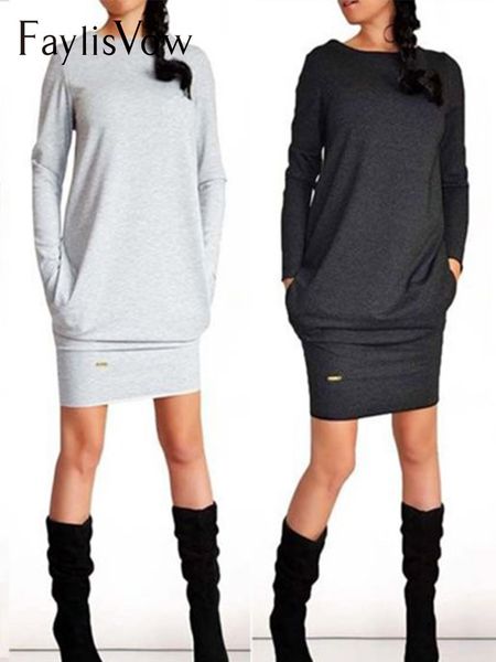 

women's slim spring dresses casual solid long sleeve mini dress o neck pockets black female clothes plus size elegant vestidos, Black;gray