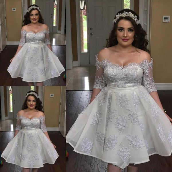 

plus size short party dress off the shoulder lace appliques long sleeves homecoming dresses with half sleeves girls cocktail evening gowns, Black