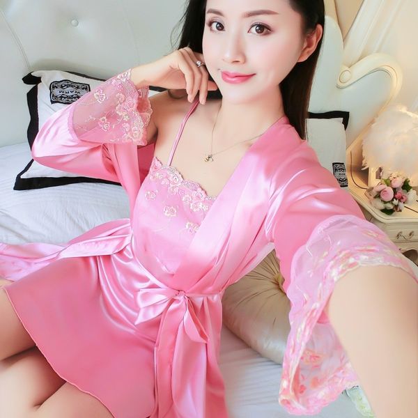 

2019 summer women nightgown sleepshirts lingerie set silk lace robe maxi dress babydoll nightdress sleepwear solid casual, Black;red