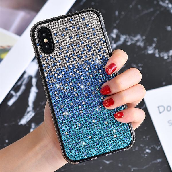 

new fashion diamond rhinestone cellphone case for iphone 11 pro max 6 6s 7 8plus x xr xs max three-color gradient pc+ tpu protective case