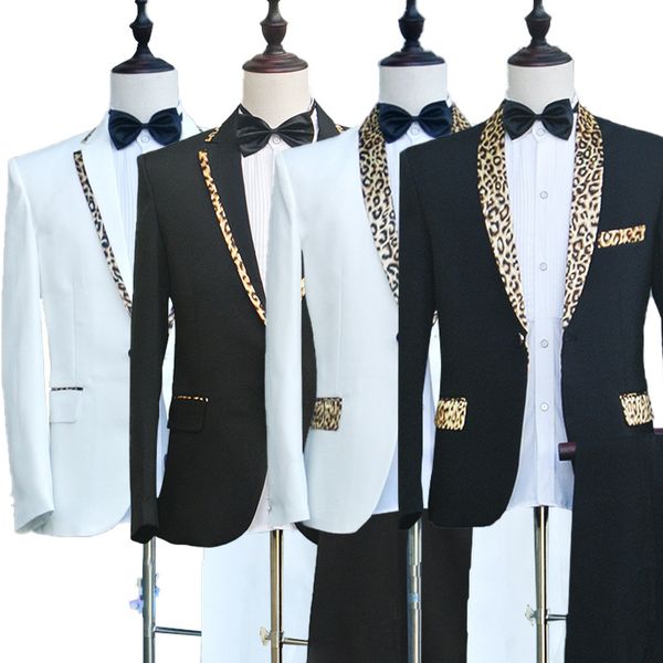 

2020 men's leopard splicing slim-fit suit stage performance host suit groom wedding dress two pieces, White;black