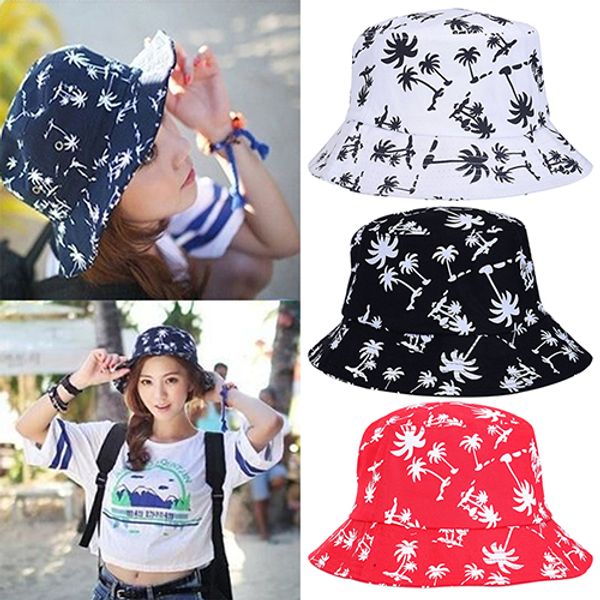 

women's coconut tree print bucket hat cap summer travel sun screen hats, Blue;gray
