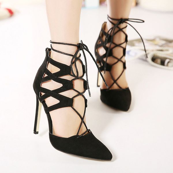 

2020 summer women 11.5cm high heels sandals up toe cross strap pumps valentine gladiators fetish party fashion plus size shoes, Black