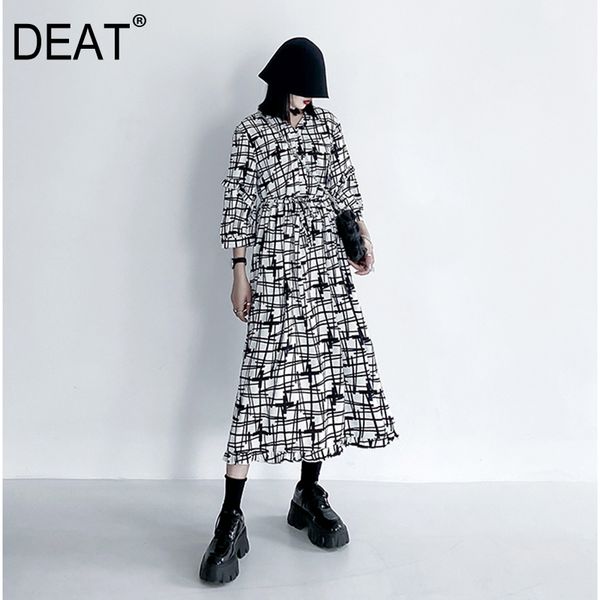 

deat] women printed hit color temperament dress new v-neck three-quarter sleeve loose fit fashion spring summer 2020 13r696, Black;gray