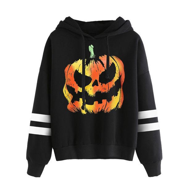 

Women Autumn Long Sleeve Hoodies Black Halloween Pumpkin Pattern Hooded Loose Top New