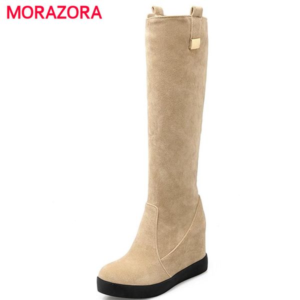 

morazora solid three colors women shoes winter platform shoes knee high boots flock round toe metal decoration fashion boots, Black