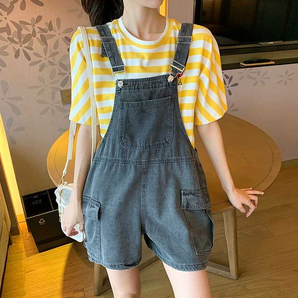 

women's jumpsuits & rompers summer women casual denim overalls loose big packets short jeans jumpsuit female playsuit straps shorts 202, Black;white
