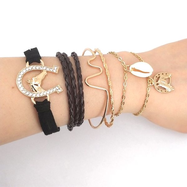 

hzew horse shell brand black retro wrap long leather bracelet chains bangle boho jewelry, Golden;silver