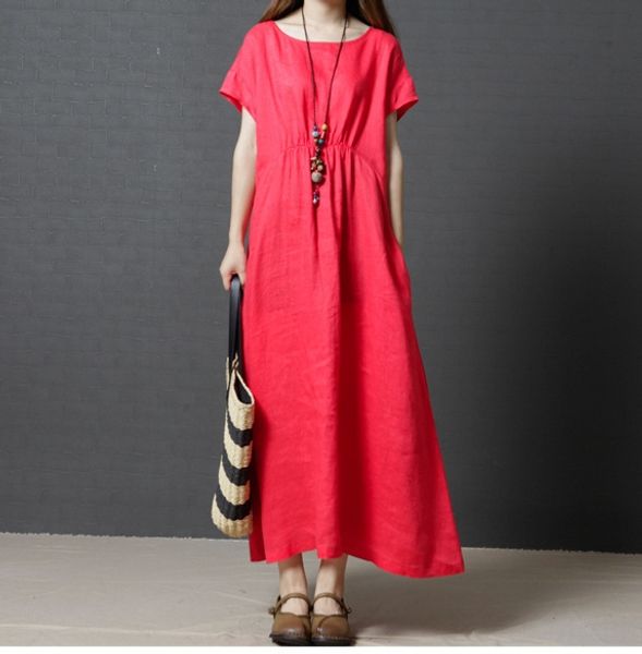 

summer new 2020 korean loose large theme costume ethnic clothing women's fashion linen long solid color dress, Red