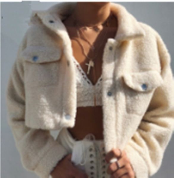 

elegant solid color cropped teddy jacket women front pockets thick warm coat autumn winter soft short jackets female 2019 -85, Black;brown