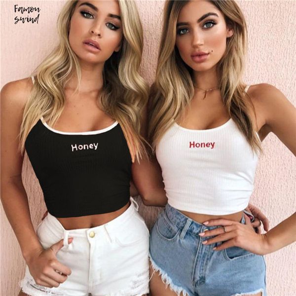 

summer shirt women crop v neck honey letter embroidery cropped ladies spaghetti strap elastic new vest camisole, White