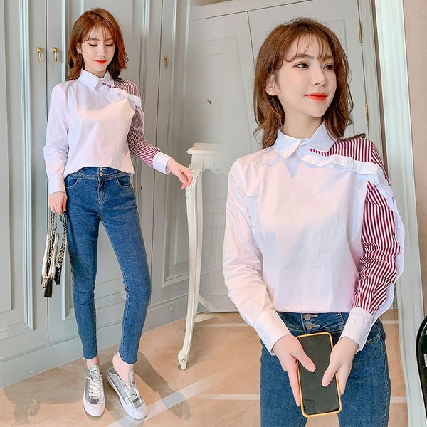 

2019 new women shirts patchwork is irregular design feeling all han fan blue white blouse shirt red h736