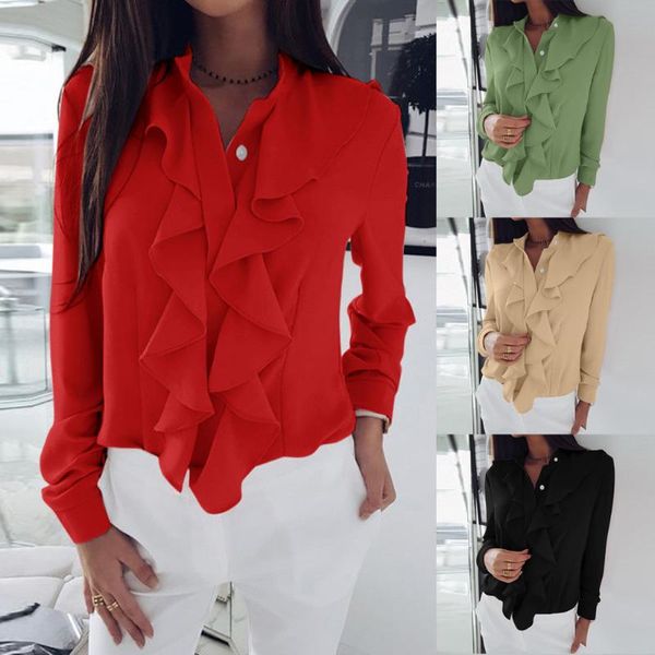 

vintage plus size blouse womens long sleeve blouse ruffle front shirt ladies office blusa feminina ropa mujer, White