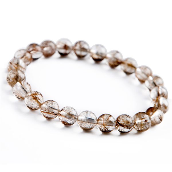 

7mm genuine brazil natural silver rutilated quartz crystal round bead bracelet, Golden;silver