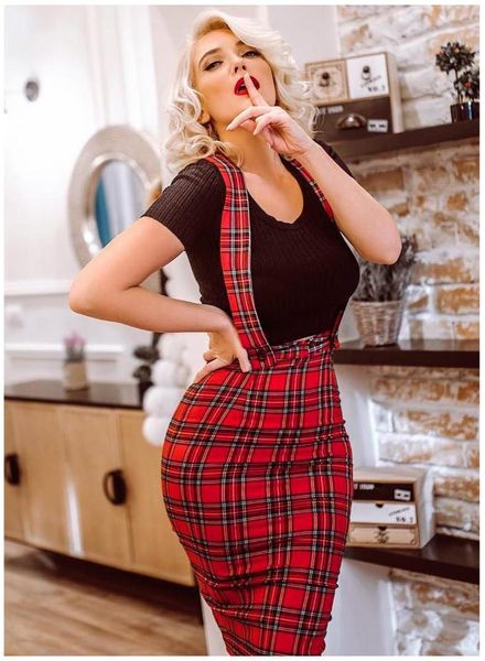 

40- summer women vintage 50s classic tartan wiggle pinafore pencil skirt in red plus size brace faldas pinup brace skirts retro, Black