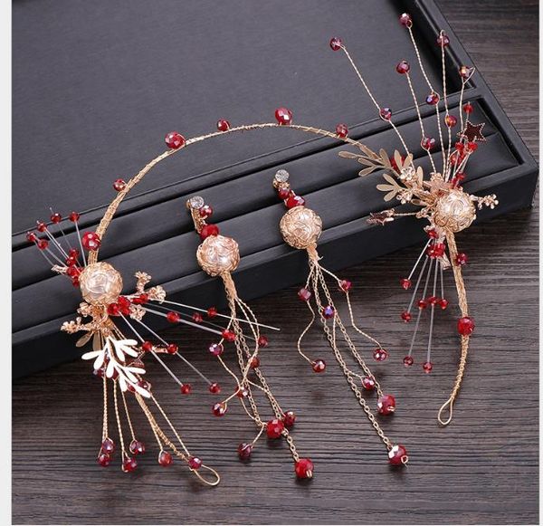 

bride's hair hoop headdress red pearl crystal tassel hair with earrings, Slivery;golden
