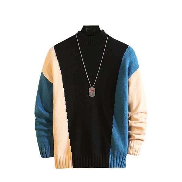 

new o-neck contrast color pullover mens sweaters for 2019 hip hop knitted half turtleneck sweater men plus size -7xl, White;black